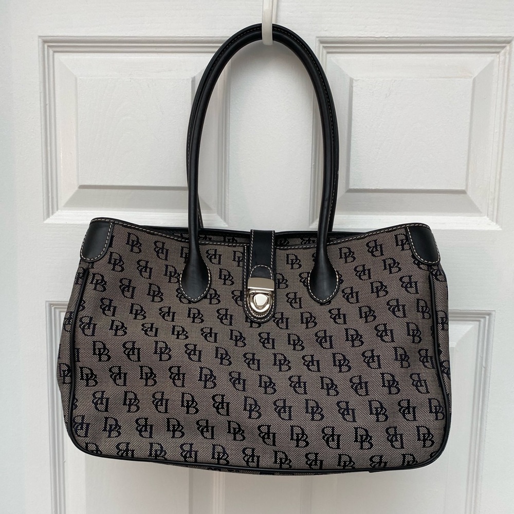 Dooney & Bourke Black + Gray Monogram Shoulder Bag w Leather Handles, Snap Close